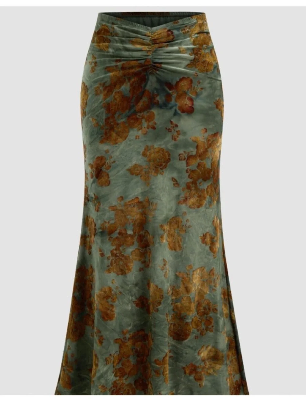 Cider Ruched Velvet Floral Burnout Maxi Skirt Green/Brown Mermaid Silhoutte 1XL